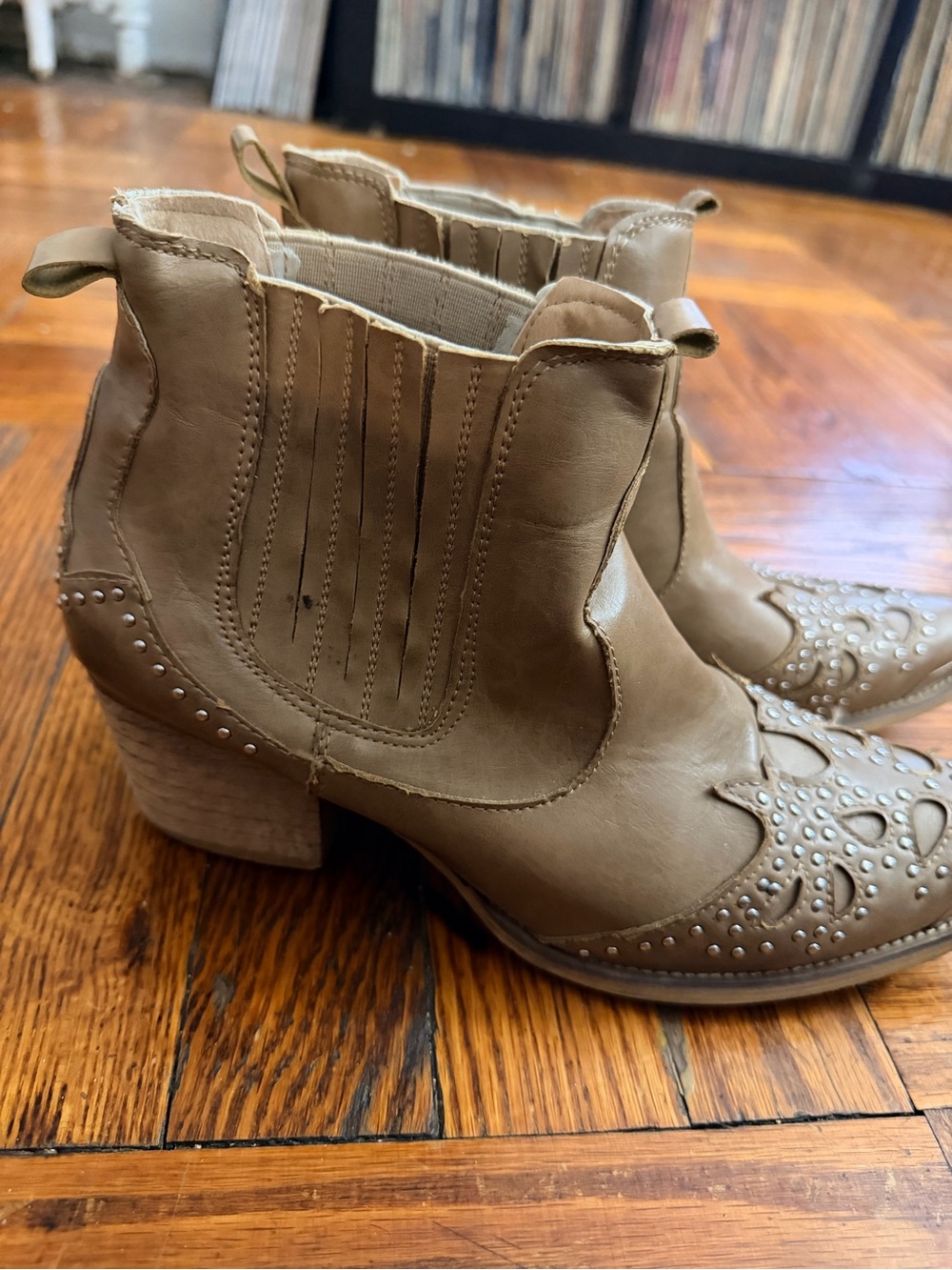 Wanted Tan Western-Style Ankle Booties with Stud Embellishments